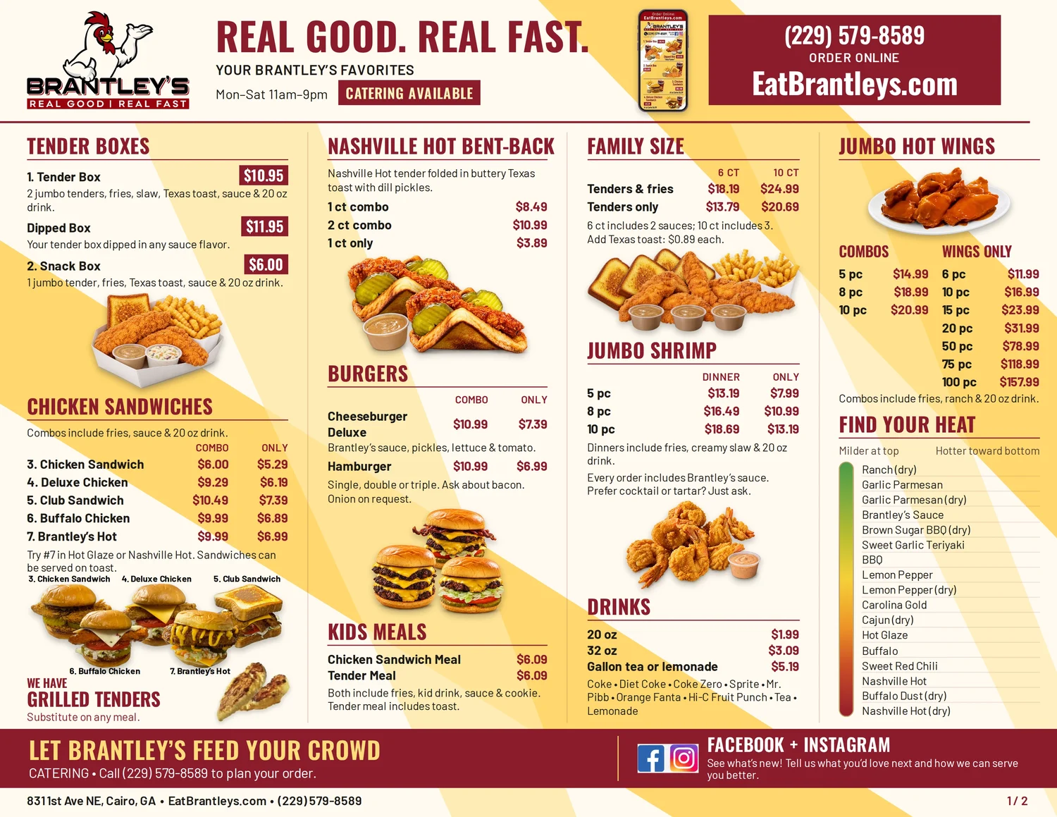 Brantley’s menu page one: tender boxes, chicken sandwiches, Nashville Hot bent-backs, burgers, kids meals, family-size tenders, jumbo shrimp, drinks and jumbo hot wings. Full menu text is available in the PDF.