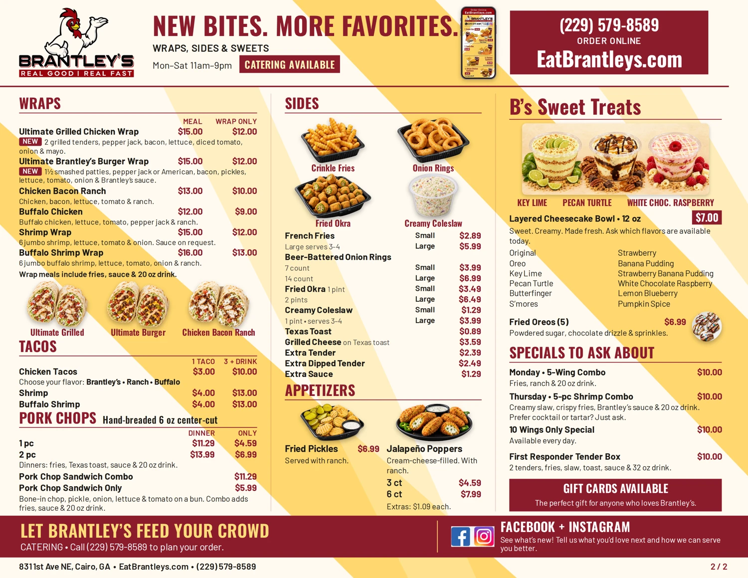 Brantley’s menu page two: wraps, tacos, pork chops, sides, appetizers, B’s Sweet Treats cheesecake bowls, fried Oreos and daily specials. Full menu text is available in the PDF.
