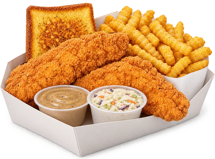Brantley’s crispy tender meal with fries, toast and coleslaw